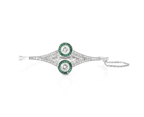 Art Deco style Approx. 2.50 Carat TW Diamond, Emerald and 18 Karat White Gold Hinged Bangle Bracelet. Set with Two (2) Approx