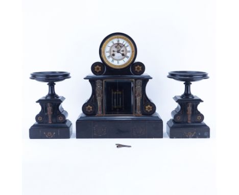 Antique Lebret French Empire Style Black Slate Clock Garniture Set. A Lebret Paris Inscribed on dial, visual escapement and r