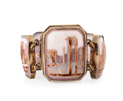 Vintage Probably Italian Carved Shell and Yellow Metal Bracelet, each carving depiction a Roman ruin. Unsigned. Good vintage 