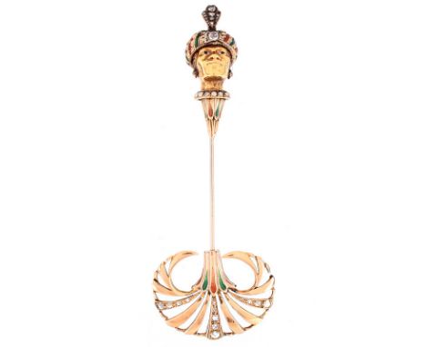 19/20th Century Nardi style 18 Karat Yellow Gold, Natural Seed Pearl, Rose Cut Diamond and Enamel Nubian Stickpin Brooch. Eur