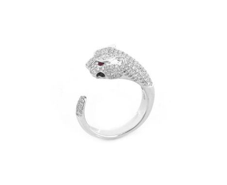 Cartier style Approx. 1.75 Carat Pave Set Round Brilliant Cut Diamond and 18 Karat White Gold Panther Ring Accented with Ruby