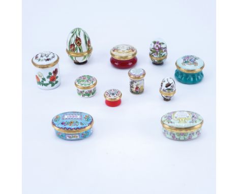 Collection of Eleven (11) Modern English Enamel Miniature Boxes, Some Musical. Signed. Two with small losses. Largest (egg) m
