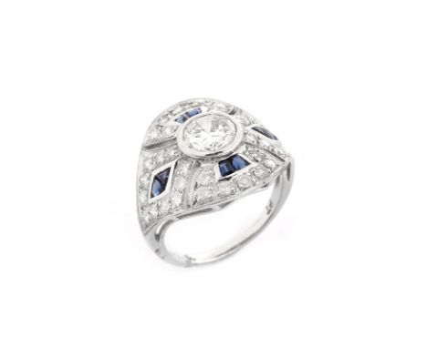Art Deco style Diamond, Sapphire and Platinum Ring set in the Center with Round Brilliant Cut Diamond. Stamped Pt. Very good 