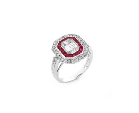 Art Deco style Approx. 1.56 Carat TW Diamond, .60 Carat Ruby and Platinum Ring set in the Center with a 1.21 Carat Emerald Cu