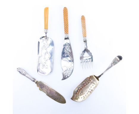 Collection of Five (5) Antique Silver Plate Serving Utensils. Includes: crumber, fish knife and fork set, fish knife (silver 