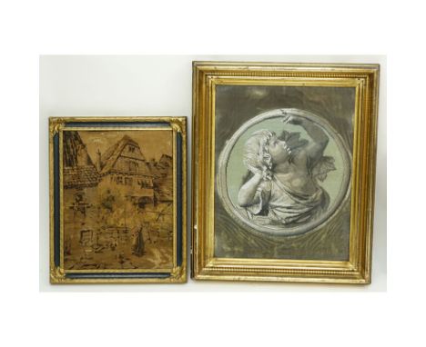 Grouping of Two (2) Vintage Tapestries. One has George F. Simonson label en verso. Some wear to both embroideries. Largest fr