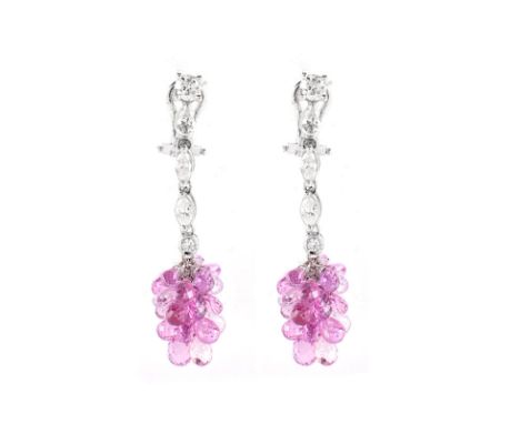 Vintage Briolette Cut Pink Sapphire, Approx. 1.20 Marquise and Round Brilliant Cut Diamond and 18 Karat White Gold Earrings. 