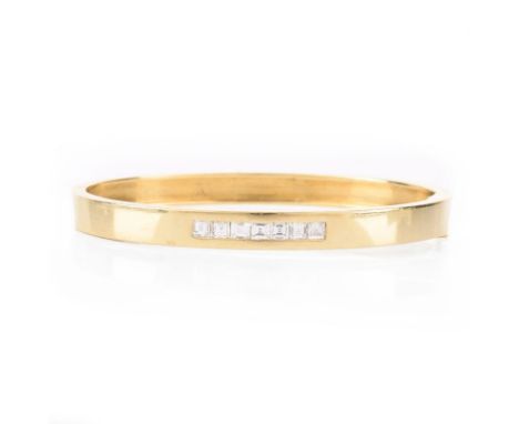Vintage Cartier 18 Karat Yellow Gold and Square Cut Diamond Hinged Bangle Bracelet. Signed, stamped 18K. Surface wear and scr