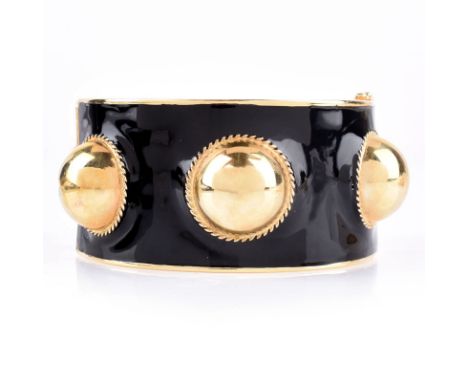 Vintage 14 Karat Yellow Gold and Enamel Wide Hinged Cuff Bangel Bracelet. Stamped 585. Small ding otherwise good condition. M