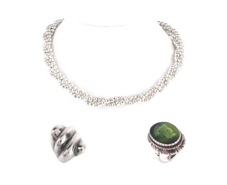 Italian Sterling Silver Bead Multi-strand Necklace, a Sterling Silver and Carved Green Stone Cameo Ring and a Sterling Silver