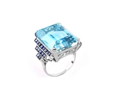 Vintage Estate Art Deco style 31.40 Carat Emerald Cut Gem Quality Aquamarine, Sapphire and Platinum Ring. Aquamarine with viv