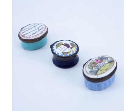Three (3) Early English Enamel Patch Boxes. Possibly Bilston. Unsigned. Condition commensurate to age, minor crack. Measures 