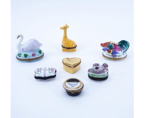 Collection of Seven (7) Vintage French Miniature Porcelain Trinket Boxes. Various subjects. Most signed. Good condition. Larg