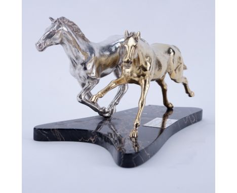 Important Asprey & Co. Sterling Silver and Vermeil Horses Sculpture Mounted on Marble Base. Hallmarks on both horses, sterlin