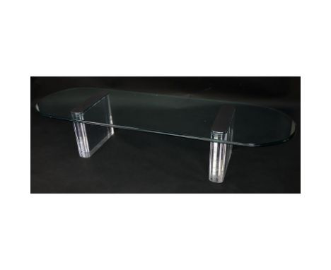 Vintage Lucite, Chrome and Glass Coffee Table Attributed to Pace. Good condition. Measures 15-1/4" H x 76-1/2" W x 23-1/2" De