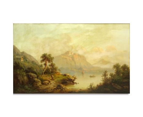Antique Oil on Canvas, Austrian Landscape Scene with Mountains, Signed R. Shoner Lower Left. Yellowing to canvas. Canvas meas