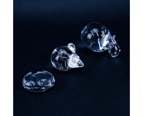 Lot of Three Crystal Animal Paperweights. Includes: Tiffany & Co. sleeping cat, Steuben mouse, hippo (signed illegible). Mino