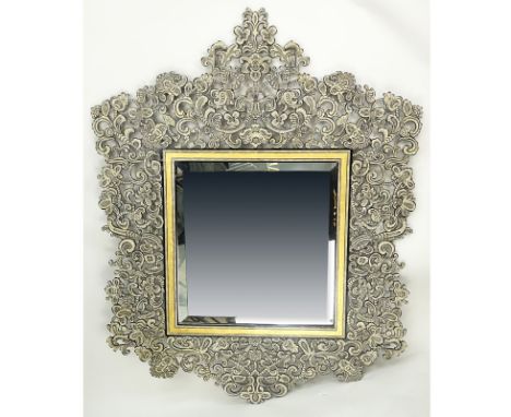 Large Vintage Beveled Mirror with Hand Painted Metal Frame. Good condition. Measures 57-1/4 x 45-1/2" W. Shipping: Third part