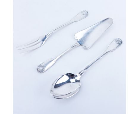Three (3) Christofle Vendome-Arcantia Silverplate Serving Pieces. Includes Serving spoon and fork set, cake/pie server. Signe