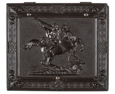 *Amazon on Horseback, Attacked by Tiger. Very, very rare ninth-plate brown thermoplastic union case by John Smith, circa 1860