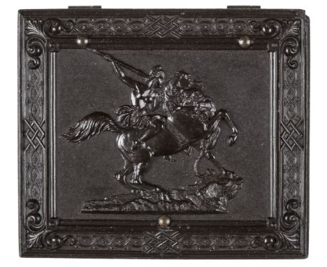 *Amazon on Horseback, Attacked by Tiger. Very, very rare ninth-plate brown thermoplastic union case by John Smith, circa 1860