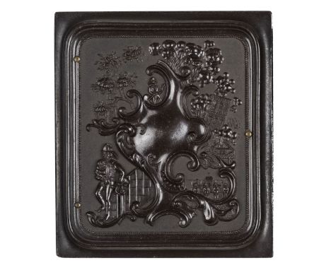 *Fireman Saving Child. Sixth-plate brown thermoplastic union case by Littlefield, Parsons & Co., c. 1858,  housing an ambroty