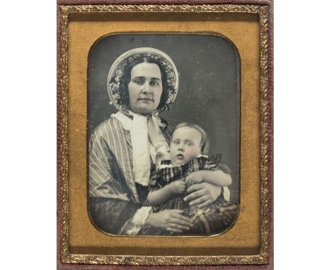 *Ninth-plate daguerreotype of a mother and child, by Tyler & Co., Corner of Washington and Winter Streets, Boston, 1850s,  em