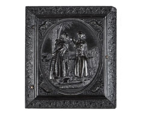 *Rebekah at the Well. Sixth-plate black thermoplastic union case by Samuel Peck & Co., before 1857,  housing a portrait of a 