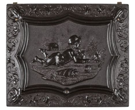 *Boy Playing with His Rabbit. Very rare ninth-plate brown thermoplastic union case by Wadhams Manufacturing Co., c. 1860,  ho
