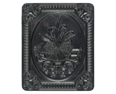 *Harvest Motif. Quarter-plate black thermoplastic union case by Scovill Manufacturing Co., late 1850s,  housing a hand-colour