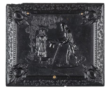 *The Blind Beggar. Very rare ninth-plate black thermoplastic union case by Littlefield, Parsons & Co., c. 1859,  housing a ti