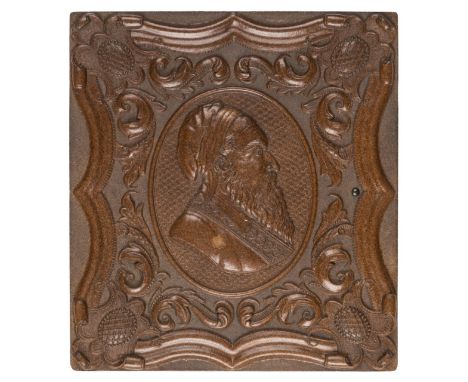 *Profile of learned man. Sixth-plate light brown thermoplastic union case by Samuel Peck & Co., before 1857,  housing an ambr