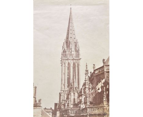 *Architecture. A large salted paper print of a cathedral tower, c. 1850,  numbered 116 in the negative, short closed split to