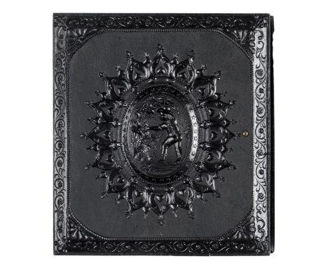 *Stealing the Bird's Eggs. Rare sixth-plate black thermoplastic union case by Samuel Peck & Co., late 1850s,  housing a three