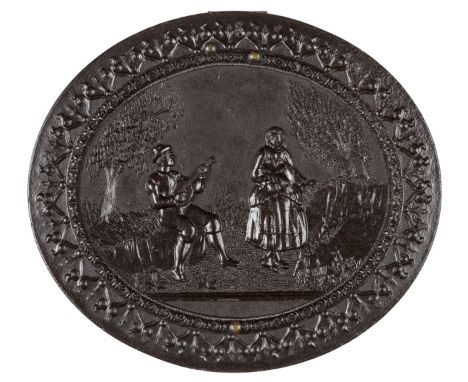 *The Serenade. Very rare ninth-plate brown oval thermoplastic union case by A.P. Critchlow, c. 1858,  housing an albumen prin