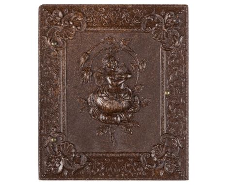 *Angel with Bird in Rose. Rare ninth-plate brown thermoplastic union case by Samuel Peck & Co., before 1857,  housing a tinte