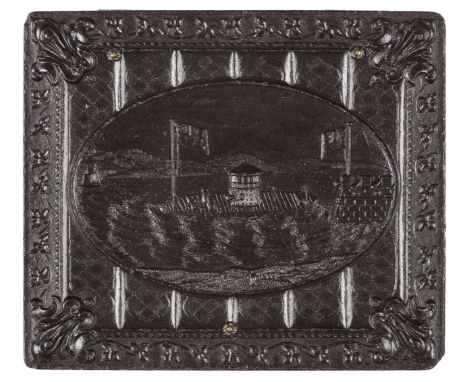 *The Monitor at the Fort. Scarce ninth-plate brown thermoplastic union case by Littlefield, Parsons & Co., late 1850s,  housi