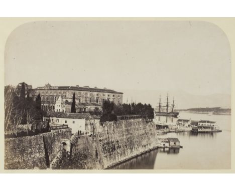 *Corfu. Two rare views of Corfu, c. 1870,  albumen print photographs, both showing British three-masted warships at anchor, o