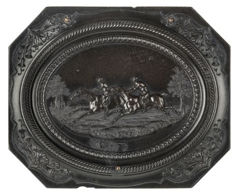 *Horse Racing. Very rare quarter-plate octagonal black thermoplastic union case by Samuel Peck & Co., before 1857,  housing a