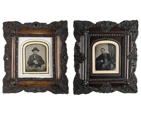 Half-plate ambrotype of a seated gentleman, early 1860s,  15 x 11cm, oval wood and plaster frame with gilt surround, a few sm