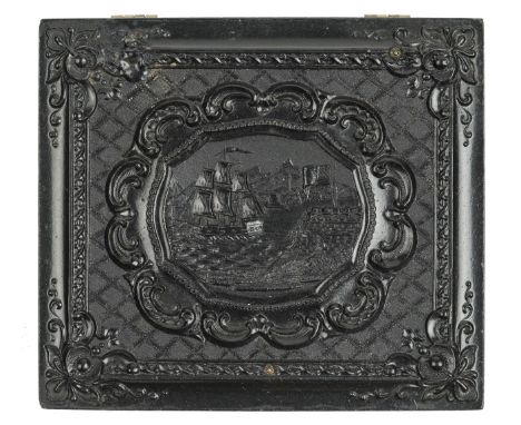 *The Clipper Ship & The Fort. Scarce sixth-plate black thermoplastic union case by Littlefield, Parsons & Co., c. 1860,  hous