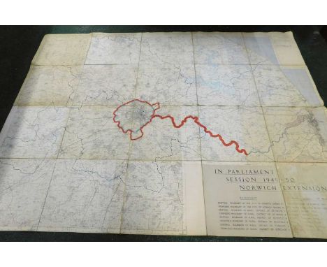 IN PARLIAMENT SESSION 1949-50 NORWICH EXTENSION, very large scale part hand coloured map dissected and backed onto linen