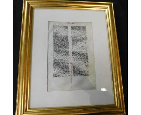Two manuscript Bible leaves on vellum, circa 1250, manuscript text in two columns, each of 50 lines, each with one pen work i