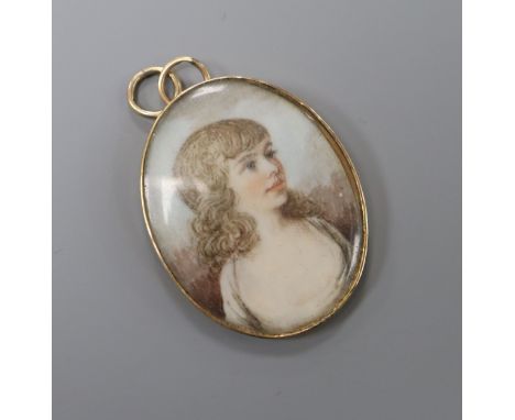 A yellow metal mounted oval miniature oval portrait pendant, painted with the bust of a lady, 35mm.