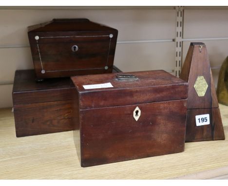 A metronome, a jewellery box and two tea caddies