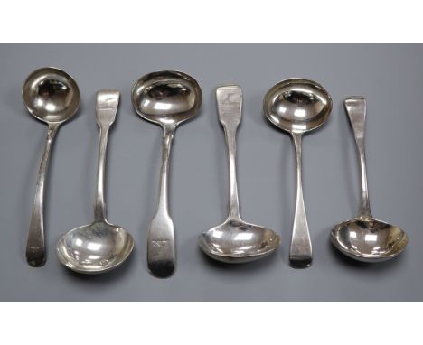 Two pairs of 19th century silver sauce ladles, London, 1820 and 1829 and two others including an 18th century silver sauce la