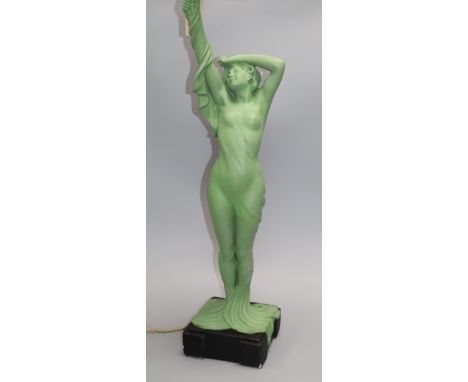 An over painted art deco style plaster figurative table lamp Height 84cm