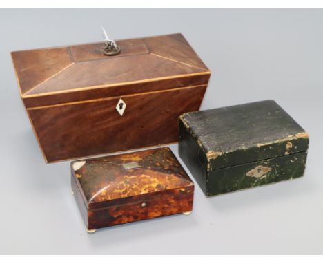 A Victorian tortoiseshell box, tea caddy and jewellery box Tea caddy 28cm wide x 14cm deep x 13cm high