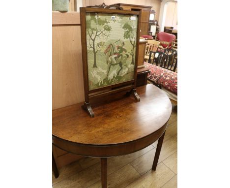 A George III mahogany D shaped side table (a/f) and tapestry firescreen W.130cm and 51cm