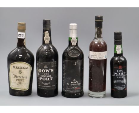 A bottle of Dow's 1963 vintage port and a bottle of Martinez Director's port and three other ports (5)